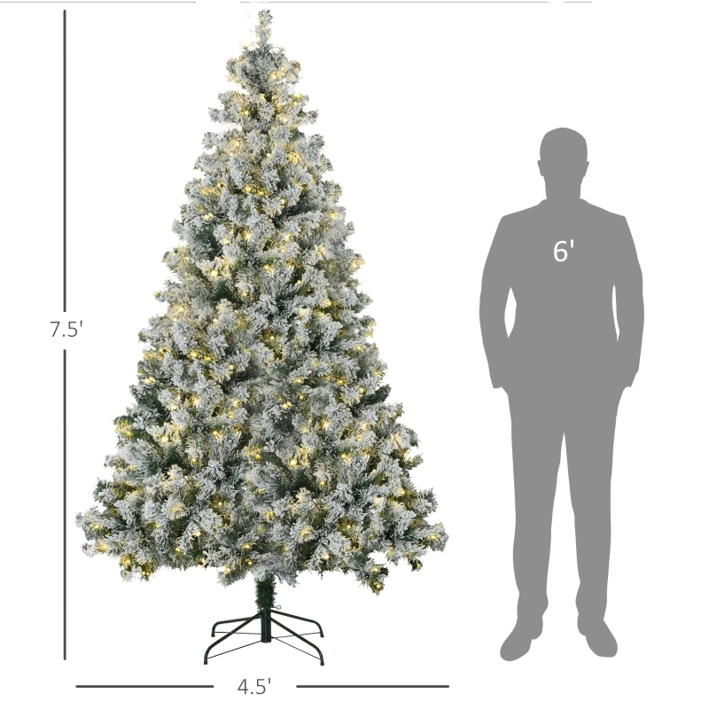 HOMCOM 7.5' Artificial Snow Christmas Trees with Frosted Branches, Warm White or Colorful LED Lights, Steel Base
