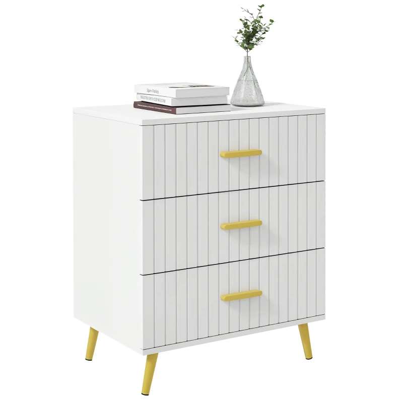 HOMCOM 3 Drawer Cabinet, Drawer Chest for Bedroom, Chest of Drawers with Aluminium Legs and Gold Handles, White