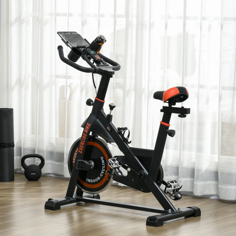 Soozier Exercise Bike, Flywheel Indoor Stationary Bike, Adjustable Height and Resistance, with LCD Monitor, Comfortable Seat Cushion, 264 lbs Capacity, Black and Red