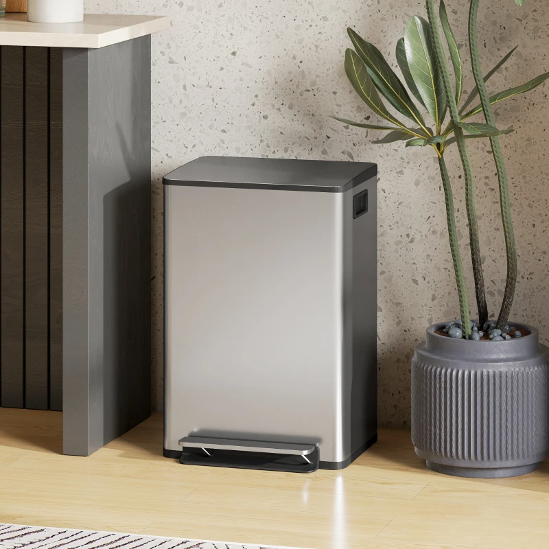 HOMCOM Trash Can with Soft-Close Lid, Garbage Can with Removable Inner Bucket for Kitchen 13.2 gal/50 L, Silver