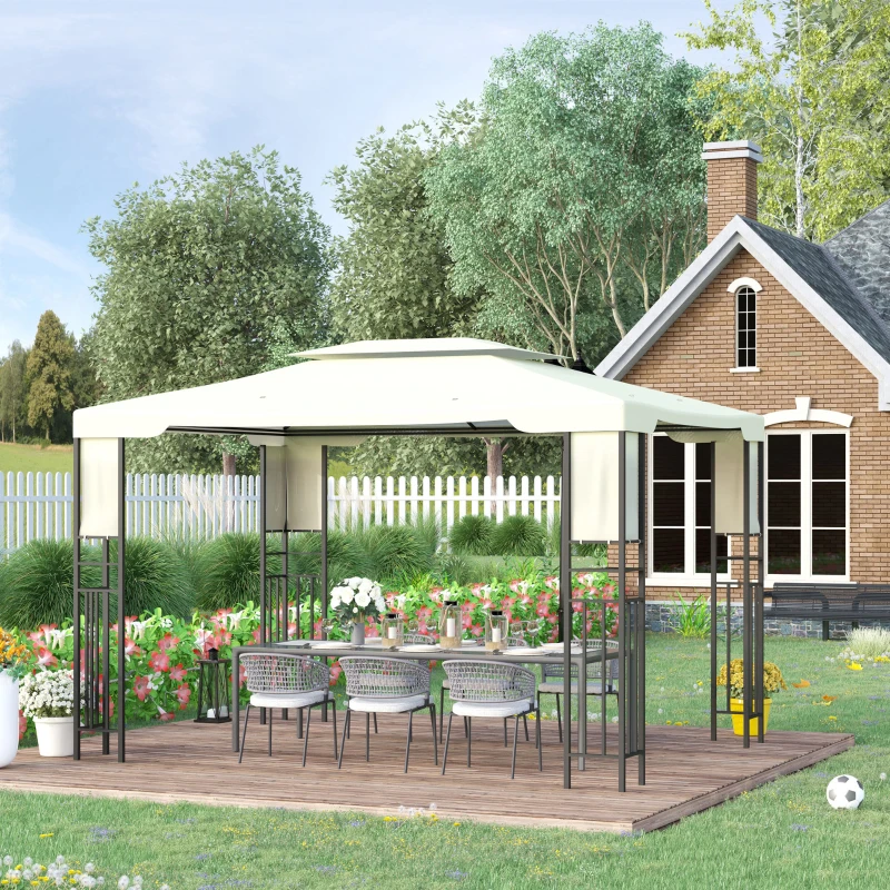 Outsunny 10' X 13' Outdoor Patio Gazebo with Double Vented Roof, Storage Shelves, Steel Frame for Lawn, Backyard and Deck, Cream White
