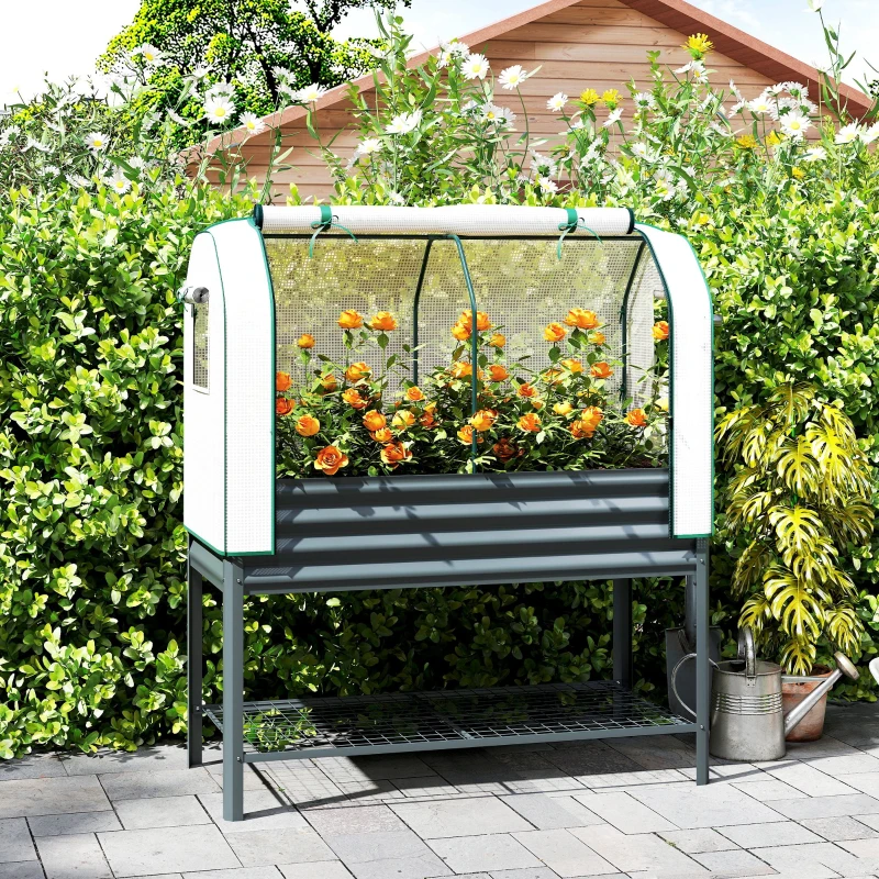 Outsunny Galvanised Raised Garden Bed with Greenhouse Cover, Metal Elevated Garden Bed with Bed Liner, Bottom Shelf, Dark Gray