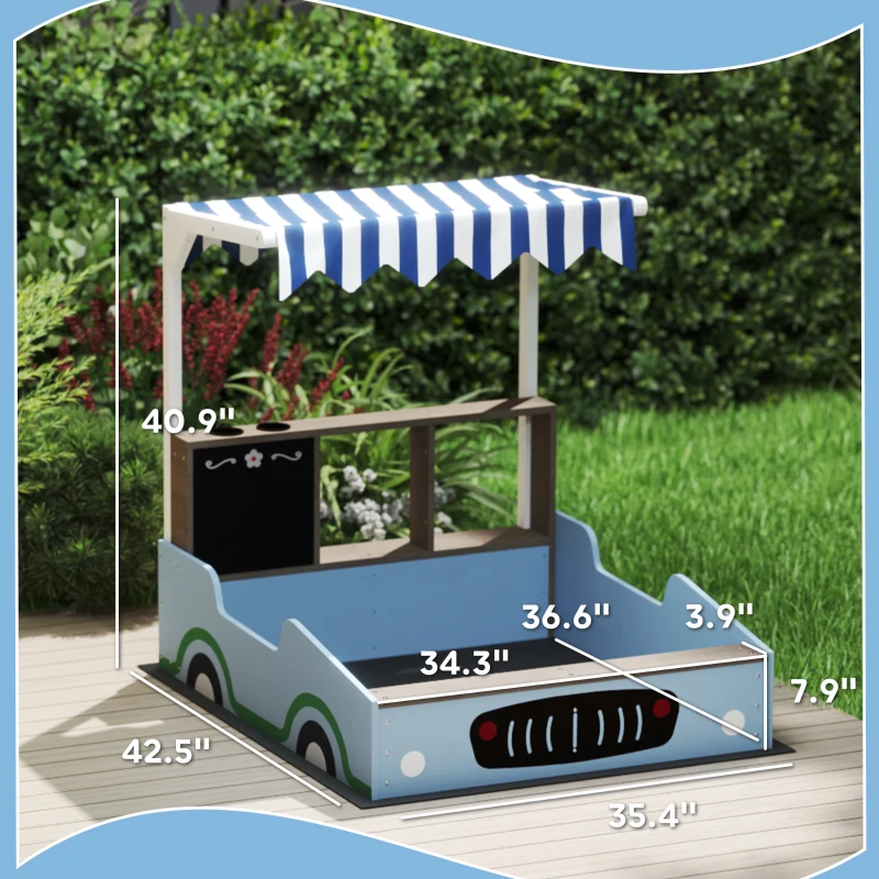Qaba Kids Wooden Sandbox with Canopy with Bench Seats, Bottom Liner, Drawing Board, Planting Boxes for Backyard, Garden, Blue