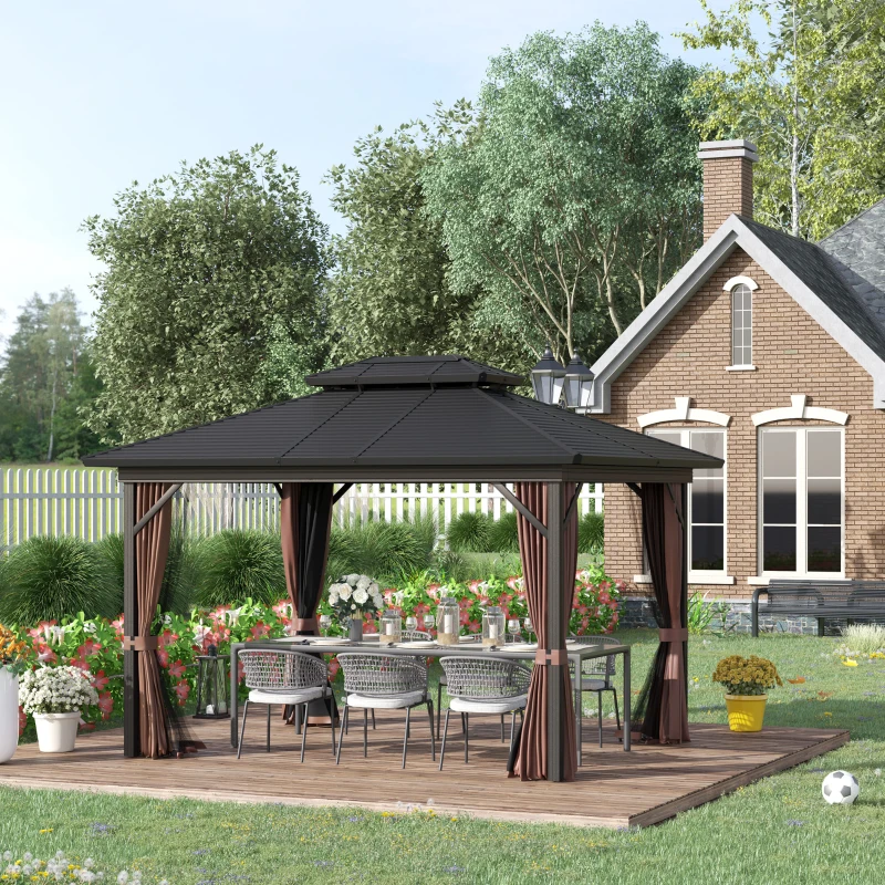 Outsunny 10' x 12' Hardtop Gazebo with Curtains and Netting, Permanent Pavilion Metal Double Roof Gazebo Canopy with Aluminum Frame and Hooks, for Garden, Patio, Backyard, Brown