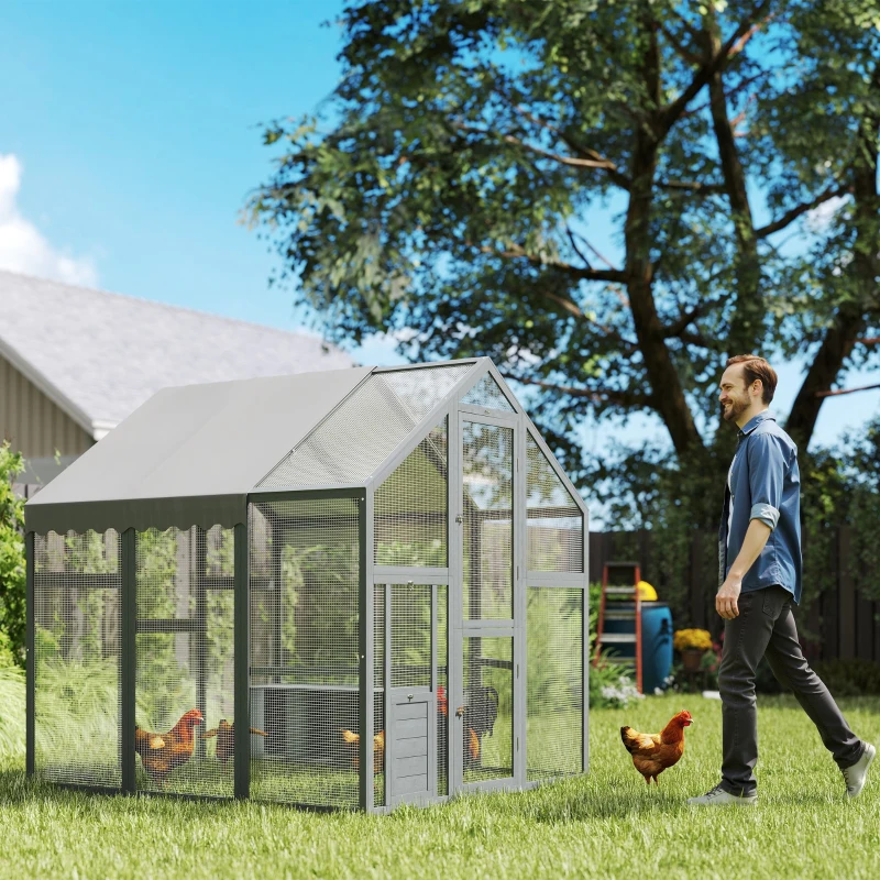 PawHut Large Wooden Chicken Run with Waterproof & Anti-UV Cover, for 6-8 Chickens, for Backyard, Farm, Gray
