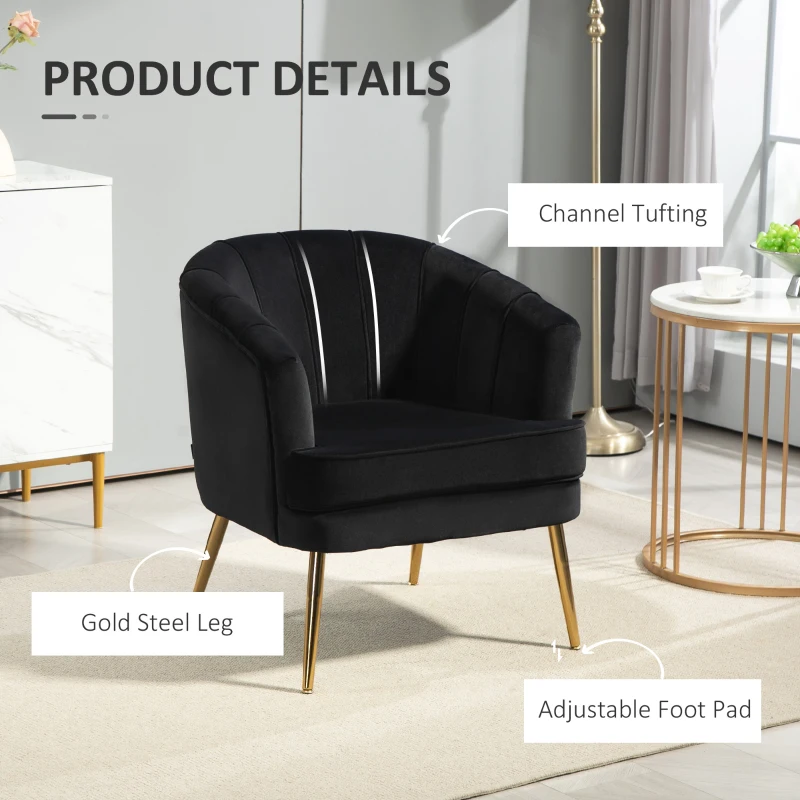 HOMCOM Fabric Armchair, Modern Accent Chair with Gold Metal Legs for Living Room, Bedroom, Home Office, Black