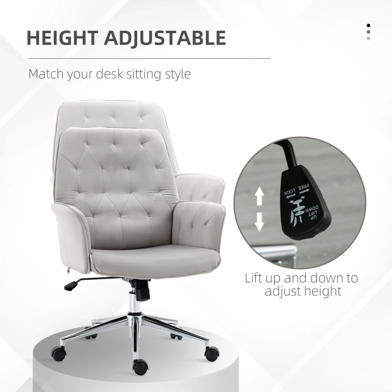 Vinsetto Velvet Home Office Chair, Tufted Height Adjustable Computer Desk Chair with Swivel Wheels and Padded Armrests, Light Gray