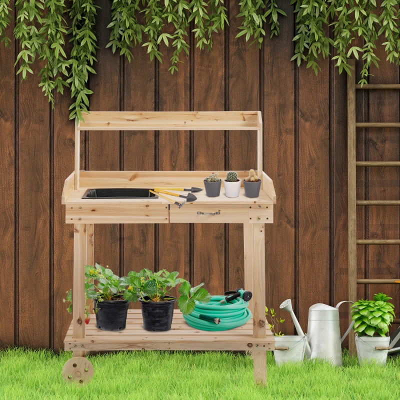 Outsunny 36'' Wooden Potting Bench Work Table with 2 Removable Wheels, Sink, Drawer & Large Storage Spaces, Natural