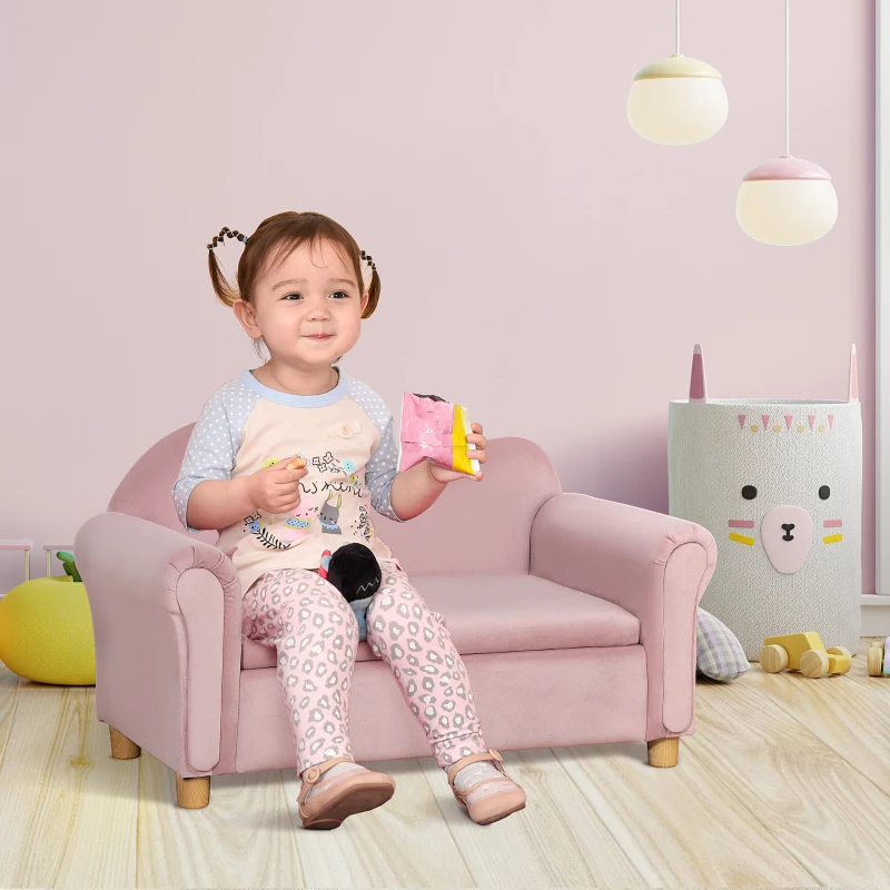 Qaba Ergonomic Foam Kids Sofa with Inner Toy Storage Chest, Velvet Kids Couch with Soft Arms, Children's Lounge Furniture, Pink