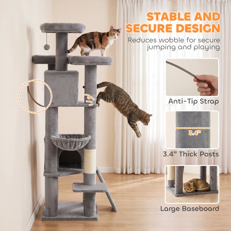 PawHut 72" Cat Tree, Large Cat Tower with 2 Condos, 3 Padded Beds, Hammock, 3 Scratching Posts and Ladder
