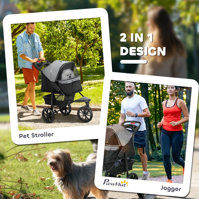 PawHut 3 Wheel Folding Dog Stroller, Travel Carrier with Adjustable Canopy, Storage Brake, Mesh Window for S&M Dogs Grey