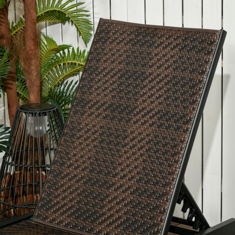 Outsunny 2 Pieces Patio Lounger Chair Set, Outdoor Aluminum Frame PE Rattan Wicker Sun Lounger Set w/ 5-Position Backrest and Wheels for Sun Room, Garden, Poolside, Dark Brown