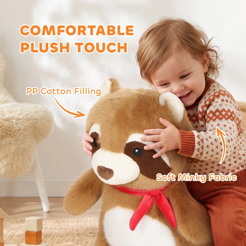 Qaba Raccoon Baby Rocking Horse, Kids Plush Ride-On Toy with Realistic Sounds and Safety Belt, Brown