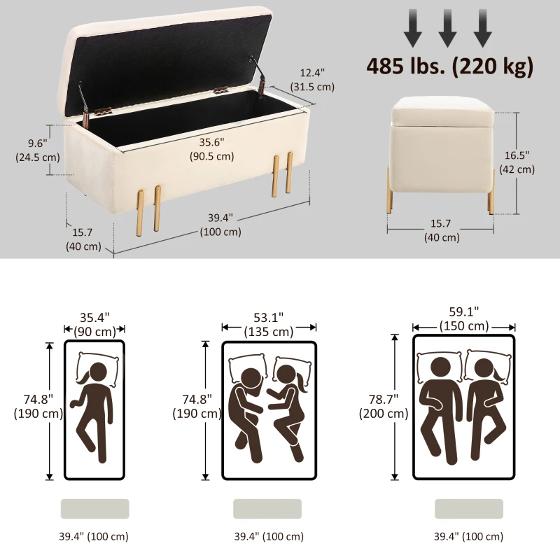 HOMCOM Storage Ottoman Bench, Flip-Top Bedroom Bench, 18.5 Gallons, Modern Velvet Storage Chest with Metal Legs, Beige