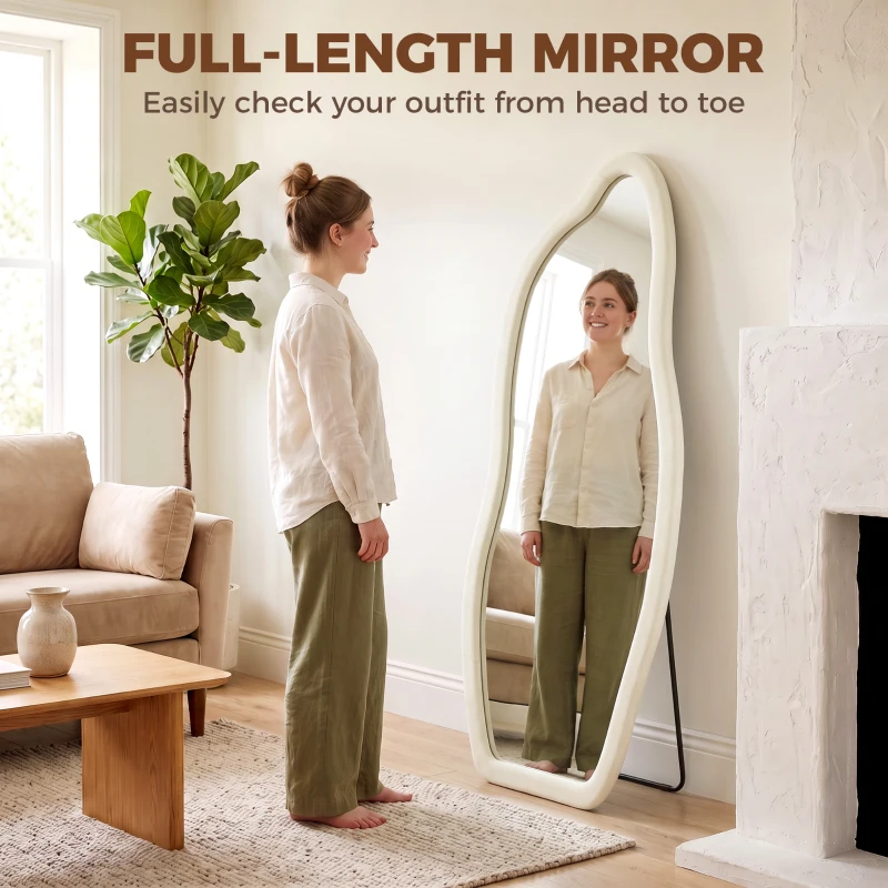 HOMCOM Standing Mirror, 63" x 23.6" Full Length Mirror with Velvet Padded Frame and Arched Top, Cream White