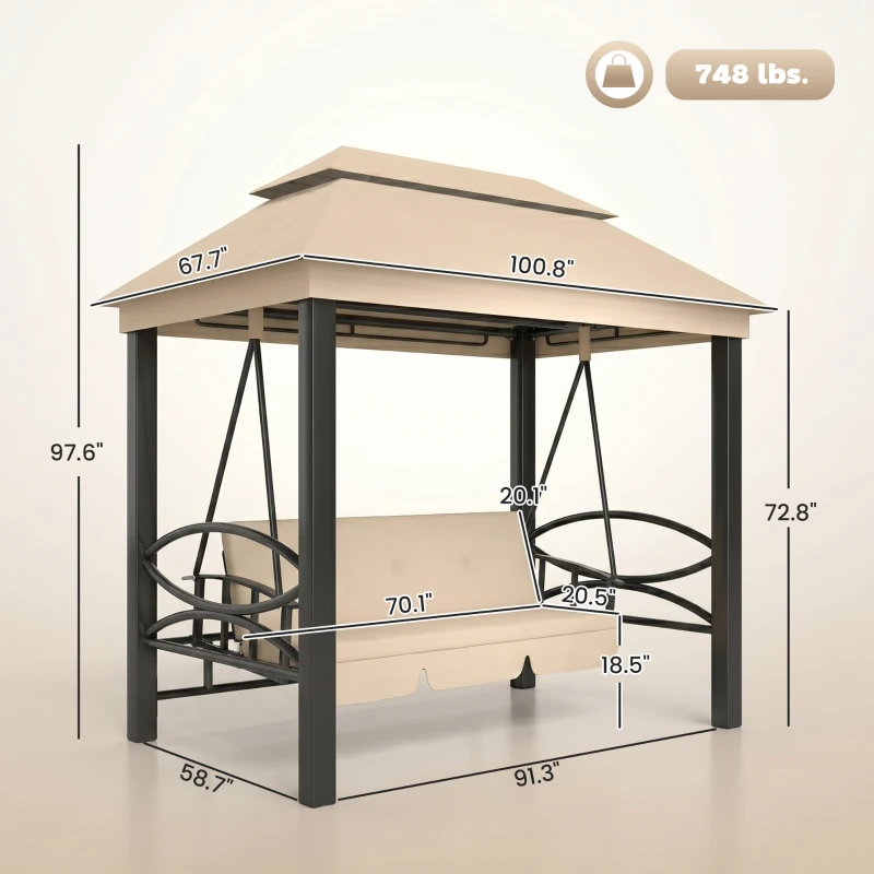 Outsunny 3-Seat Patio Swing Chair, Outdoor Gazebo Swing with Double Tier Canopy, Mesh Sidewalls, Cushioned Seat and Pillows, Beige