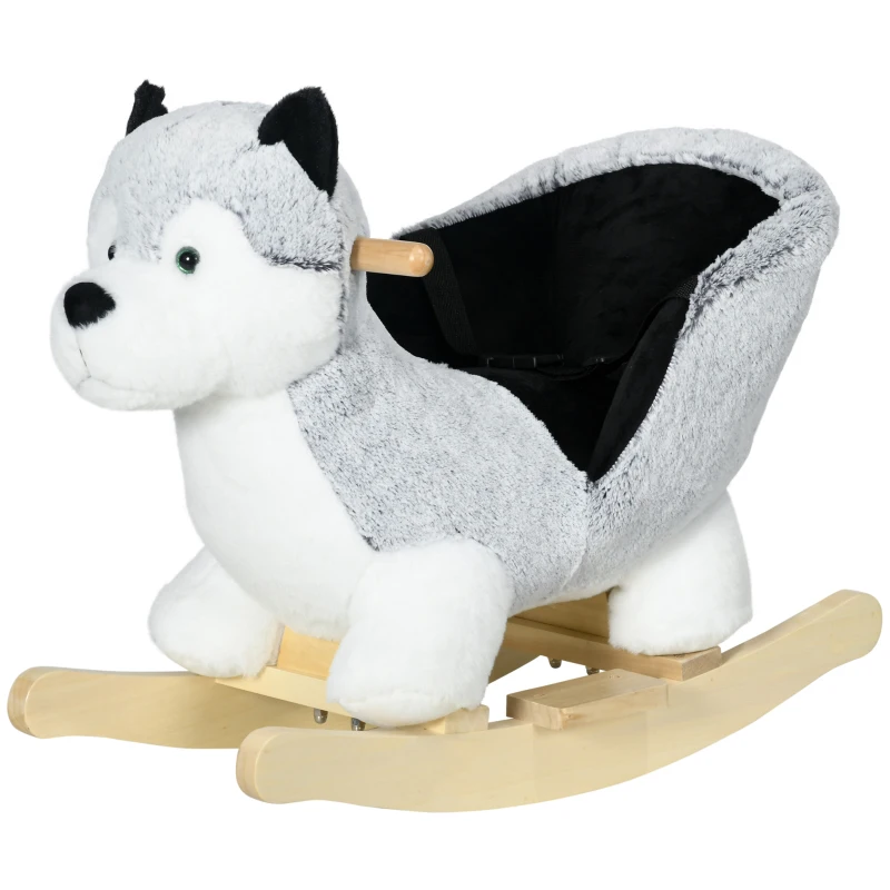Qaba Baby Rocking Horse, Plush Animal Rocker Husky with Sound, Handle Grip for 18+ Months, Grey