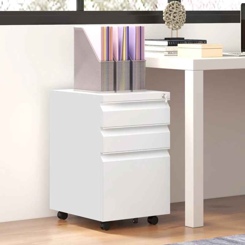 Vinsetto 3 Drawer File Cabinet with Lock, Steel Vertical Filing Cabinet with 5 Wheels and Hanging Bar for A4/Legal/Letter, Home Office Printer Stand with Pre-Assembled Body, White