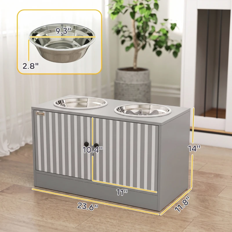 PawHut Elevated Dog Bowls with Storage Cabinet,  2 Stainless Steel Bowls, Slow Feeder, Dog Feeding Station for Large Dogs, Gray