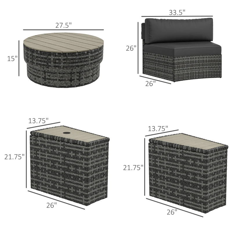 Outsunny 8 Piece Patio Furniture Set with 4 Rattan Sofa Chairs & 4 Tables with Storage & Umbrella Hole, Mixed Gray