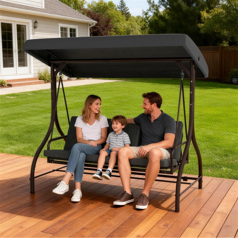 Outsunny Convertible Patio Swing Bed with Canopy and Cushions, 3 Seater Porch Swing for Outdoor, Backyard, Garden, Dark Grey