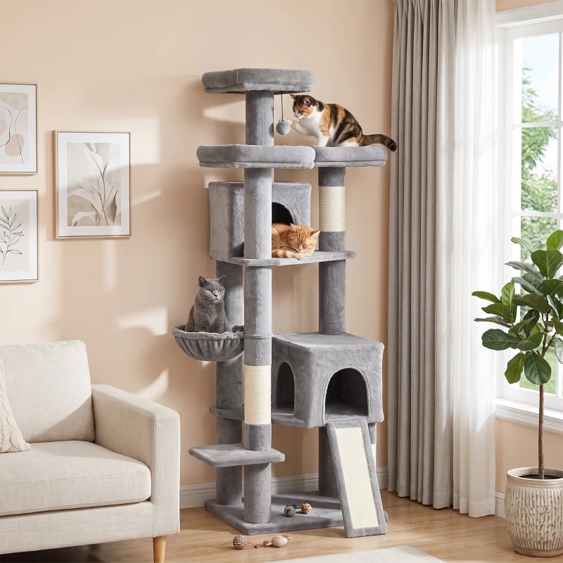 PawHut 72" Cat Tree, Large Cat Tower with 2 Condos, 3 Padded Beds, Hammock, 3 Scratching Posts and Ladder