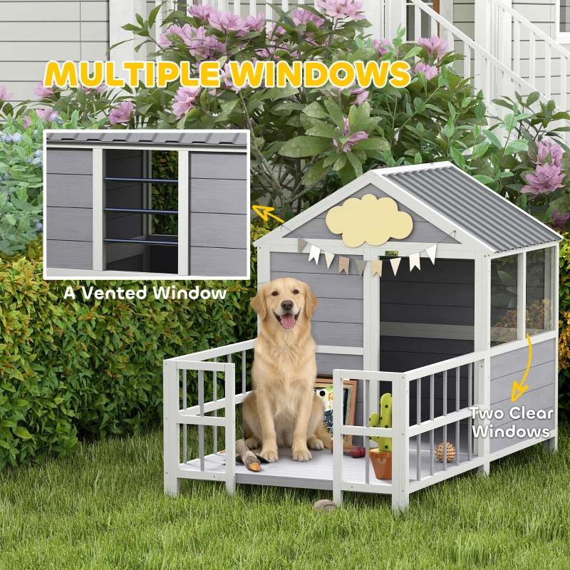 PawHut Outdoor Dog House, 61"L Wooden Dog House with Porch, Weatherproof Roof, Elevated Base, Air Vents & Observation Windows