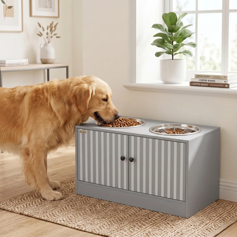 PawHut Elevated Dog Bowls with Storage Cabinet,  2 Stainless Steel Bowls, Slow Feeder, Dog Feeding Station for Large Dogs, Gray