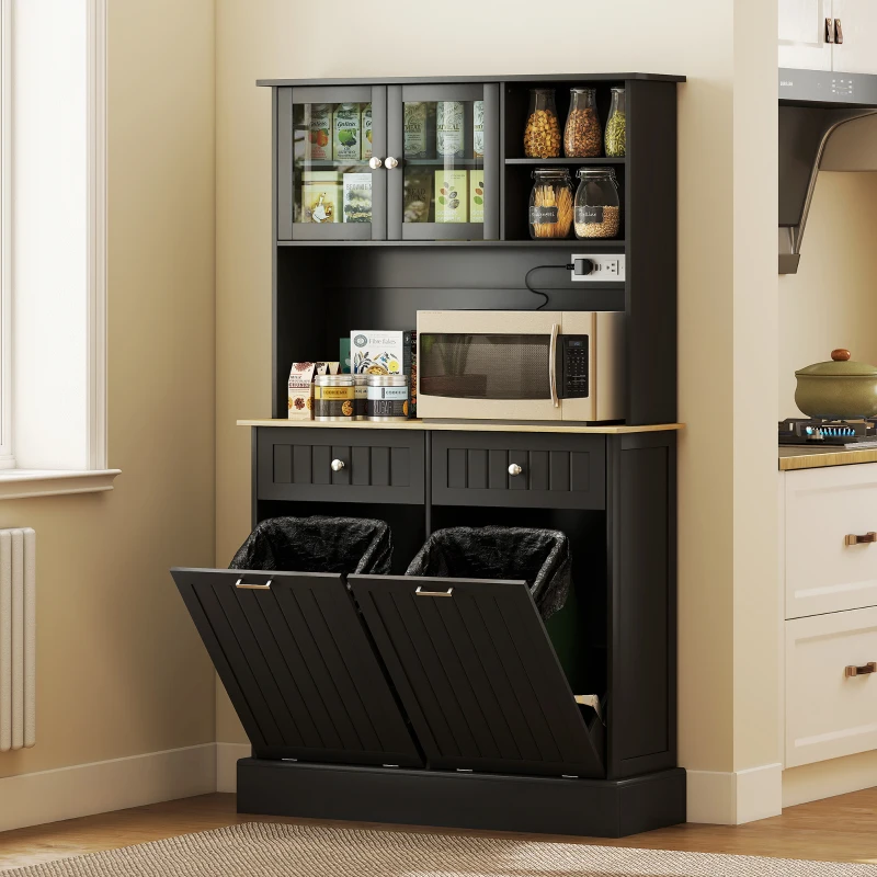 HOMCOM Kitchen Cabinet with Charging Station, 2 Tilt Out Cabinets, Microwave Stand, Freestanding Kitchen Pantry Cabinet, Black