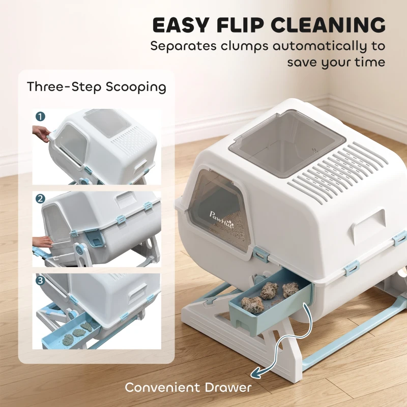 PawHut Cat Litter Box with Lid, Enclosed Cat Litter Box with Deodorization Bag & Drawer Pan, High Sides & Flip-to-Clean