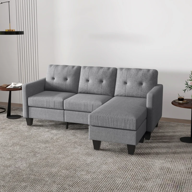 HOMCOM L-shaped Sofa, 3 Seater Couch with Ottoman, Corner Sofa with Thick Padded Cushion and Wood Legs, Light Grey