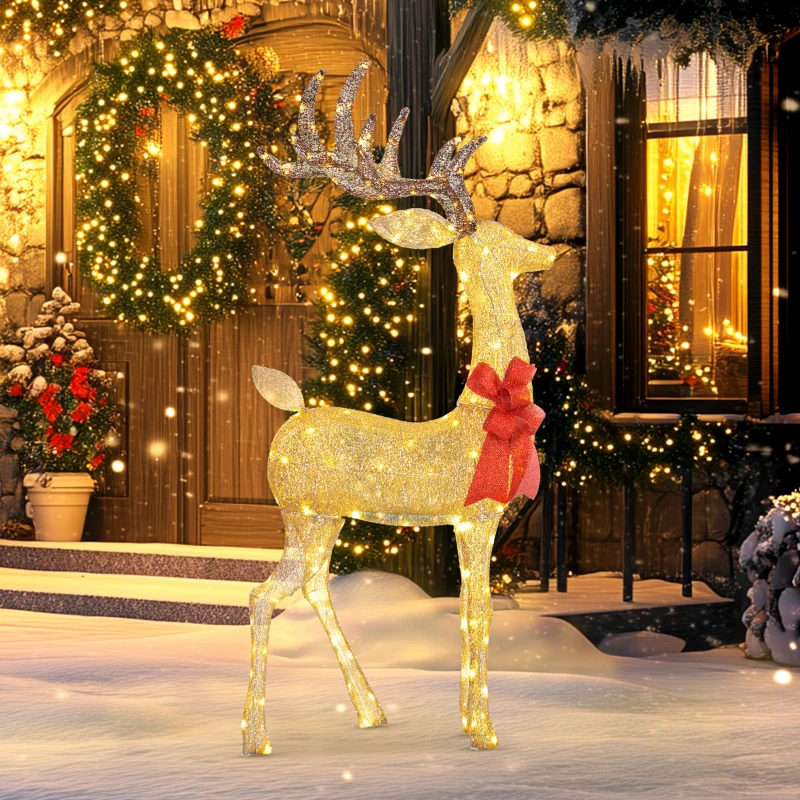 Outsunny Light Up Reindeer Yard Decoration, Lighted Deer Christmas Decoration with LED Lights for Indoor, Outdoor, Lawn, Gold