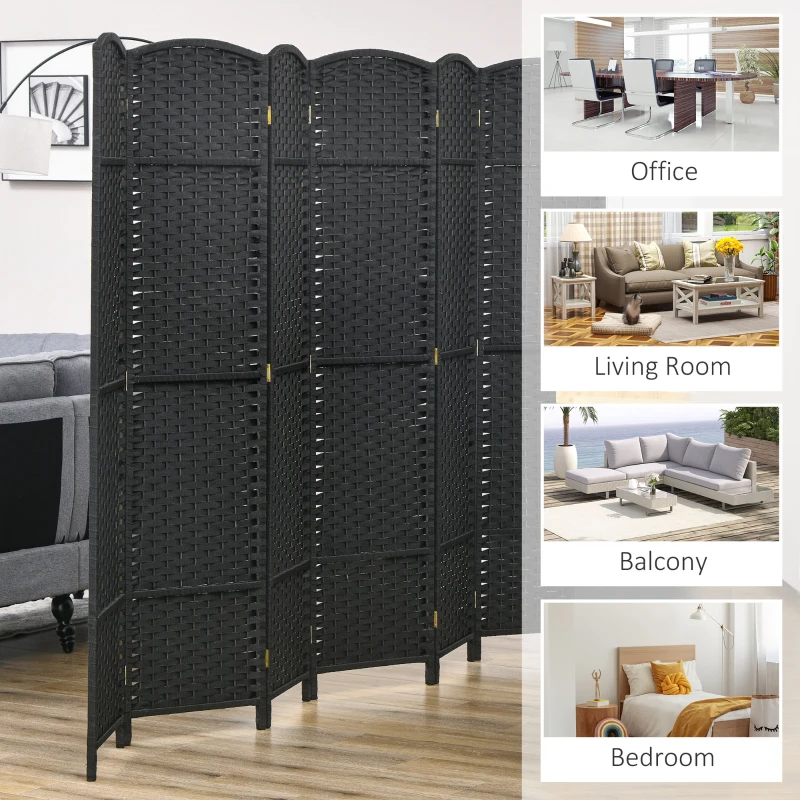 HOMCOM 5.6 Ft Tall Folding Room Divider, 6-panel Portable Privacy Screen, Hand-Woven Partition Wall Divider, Black