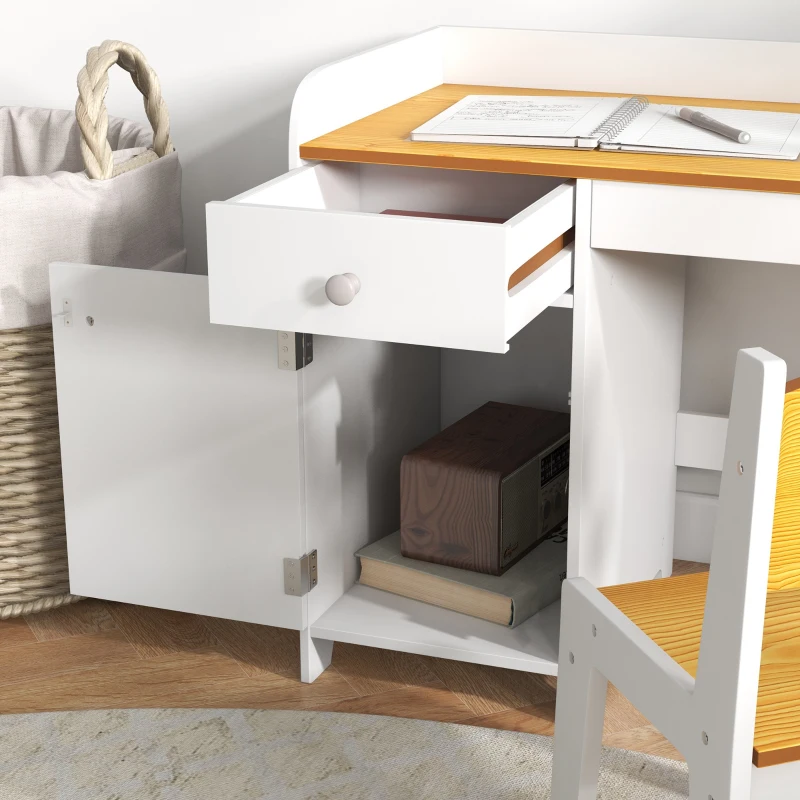 Qaba Kids Desk and Chair Set with Storage, Study Desk with Chair, White
