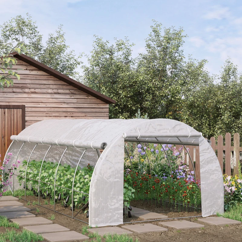 Outsunny 20' x 10' x 6' Outdoor Walk-in Greenhouse, Steel Frame Tunnel Greenhouse, Hot Green House with 12 Roll-Up Windows and Door for Garden and Vegetables, White