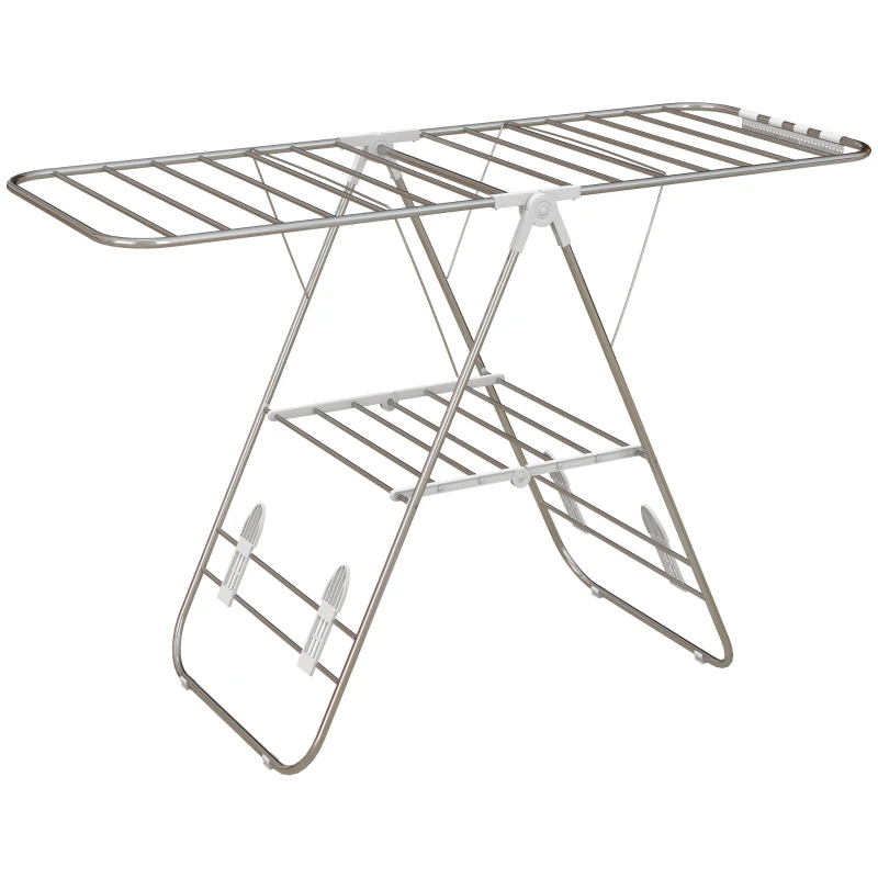 HOMCOM Clothes Drying Rack, 2-Tier Stainless Steel Foldable Laundry Rack with Adjustable Wings and Shoe Holders, Silver