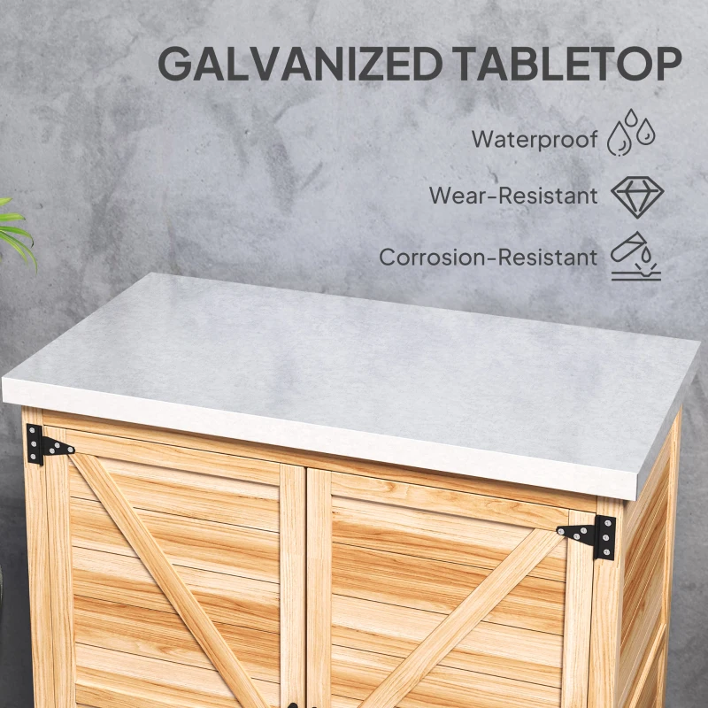 Outsunny Garden Storage Cabinet, Outdoor Potting Bench Table with Metal Tabletop, Shelf and Double Doors, Natural