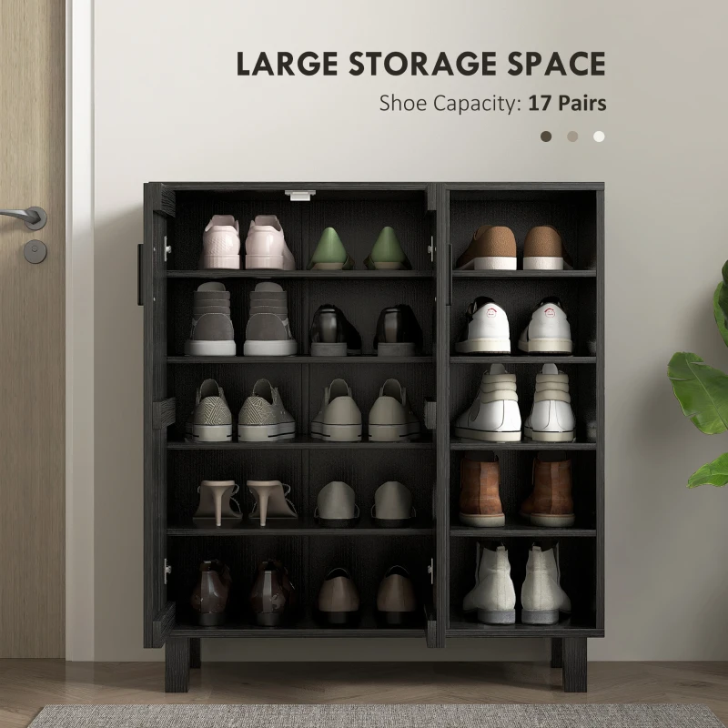 HOMCOM Shoe Storage with Double Doors and Open Shelves 17 Pair Shoe Storage Organizer for Entryway Hallway Black