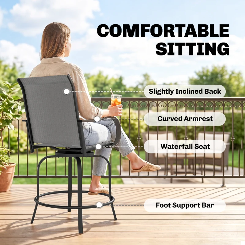 Outsunny Outdoor Bar Stools Set of 2, 360° Swivel Bar Height Chairs, 26.75" x 29.5" x 48.5", Gray