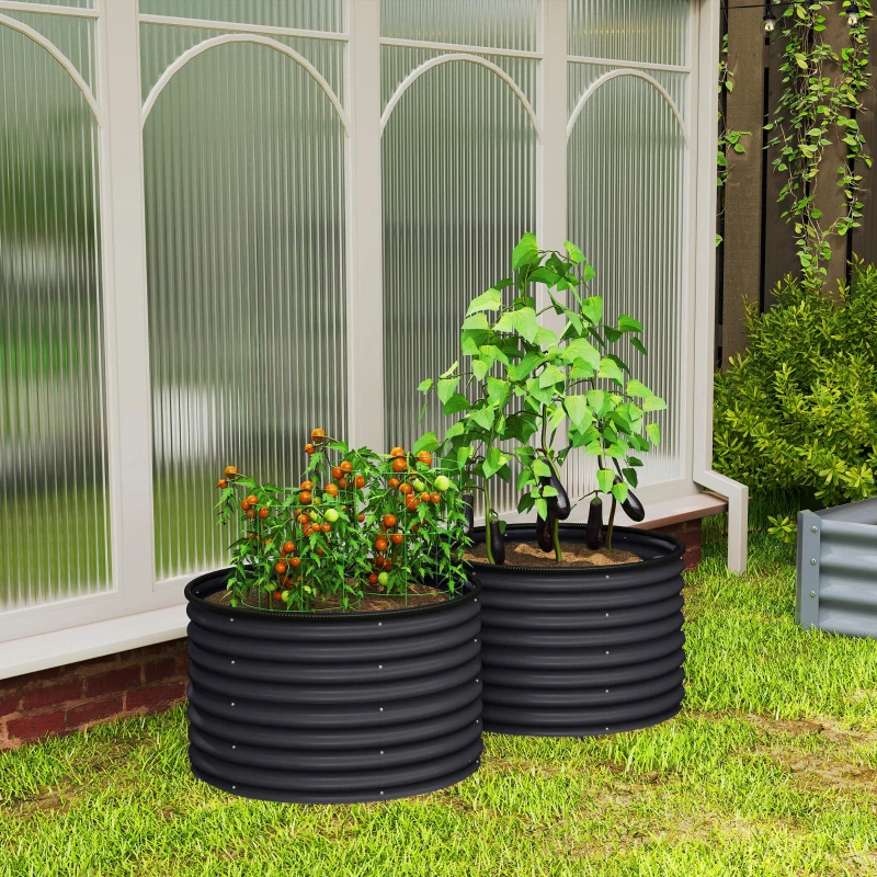 Outsunny Set of 2 Raised Garden Bed, Metal Planter Box with Safety Edging, Easy-to-assemble Stock Tank, Dark Gray