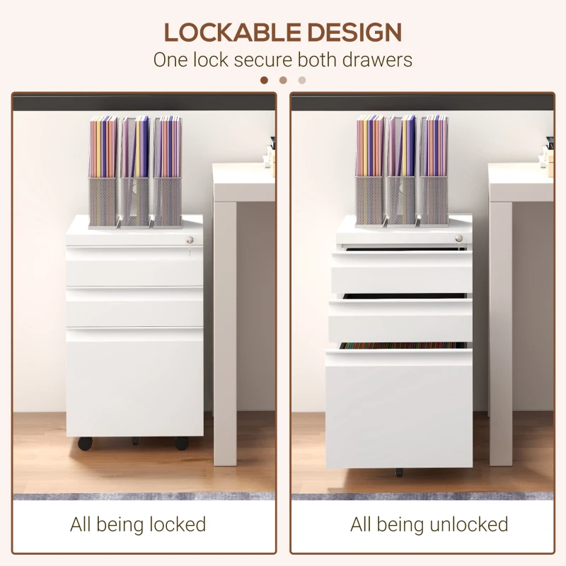 Vinsetto 3 Drawer File Cabinet with Lock, Steel Vertical Filing Cabinet with 5 Wheels and Hanging Bar for A4/Legal/Letter, Home Office Printer Stand with Pre-Assembled Body, White