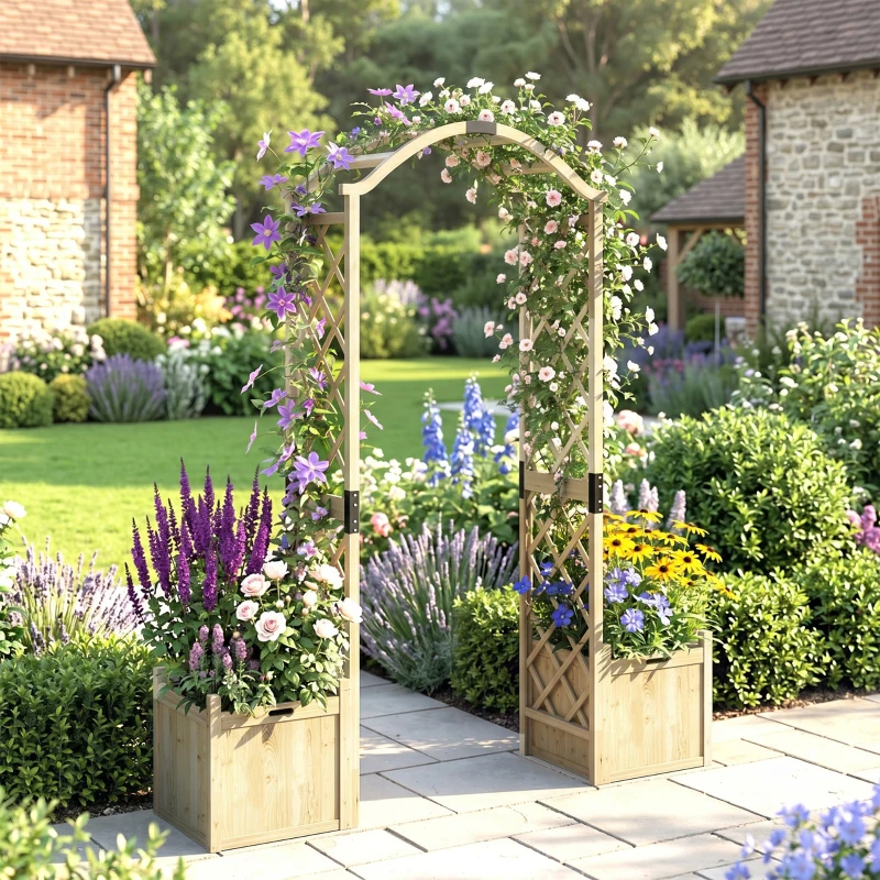 Outsunny Wooden Garden Arch with 2 Planter Boxes, Arch Trellis for Climbing Plants, Decorative Arbor Archway, Natural Wood