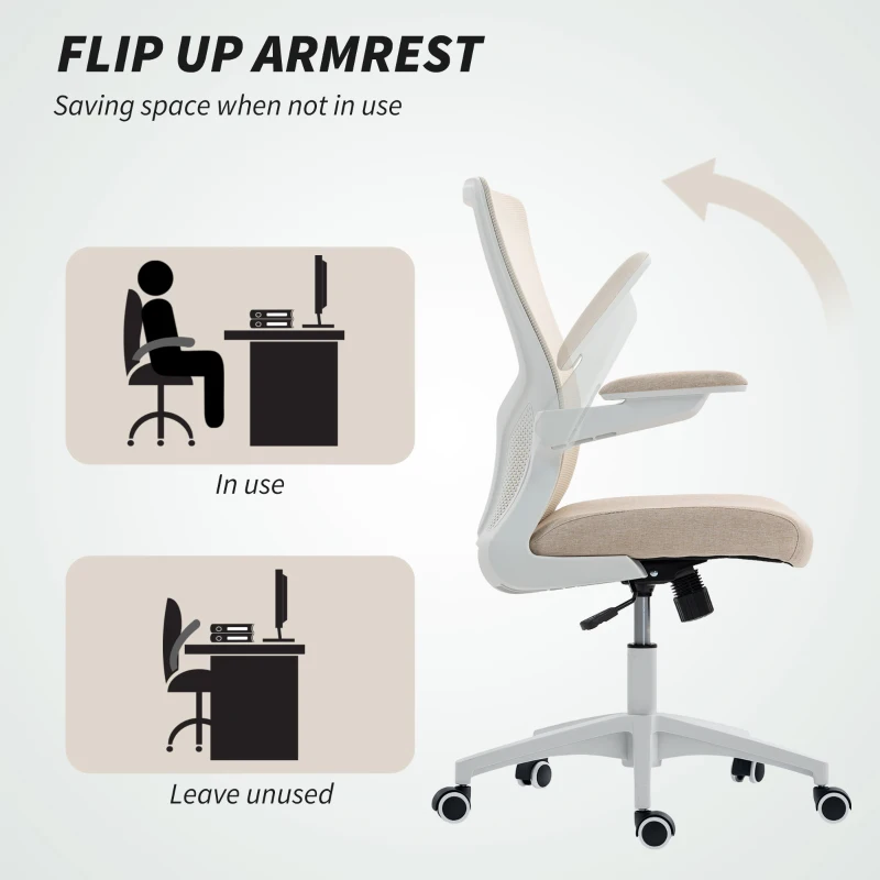 HOMCOM Ergonomic Office Chair, Swivel Desk Chair with Adjustable Lumbar Support and Height, Flip-up Armrests, Wheels, Beige