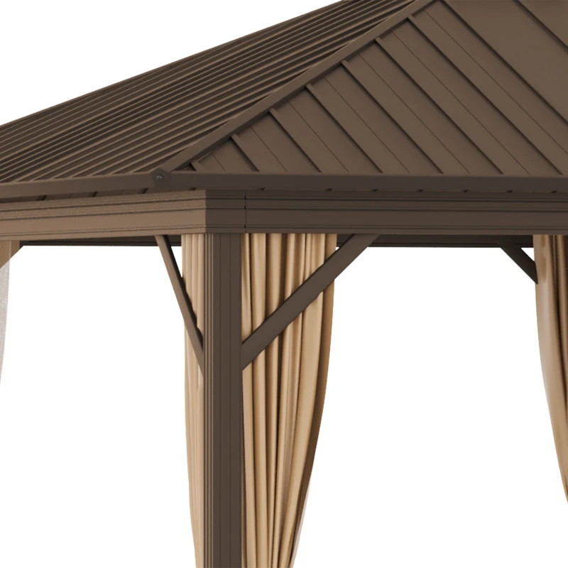 Outsunny 10' x 12' Hardtop Gazebo with Curtains and Netting, Permanent Pavilion Metal Single Roof Gazebo Canopy with Aluminum Frame and Hooks, for Garden, Patio, Backyard, Brown