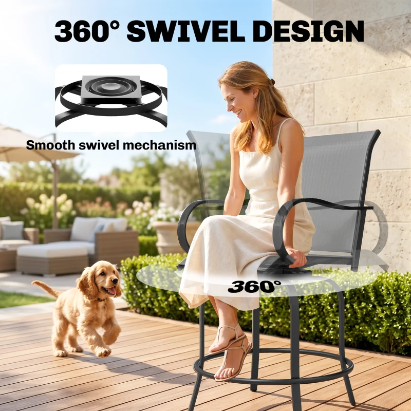 Outsunny Outdoor Bar Stools Set of 2, 360° Swivel Bar Height Chairs, 26.75" x 29.5" x 48.5", Gray