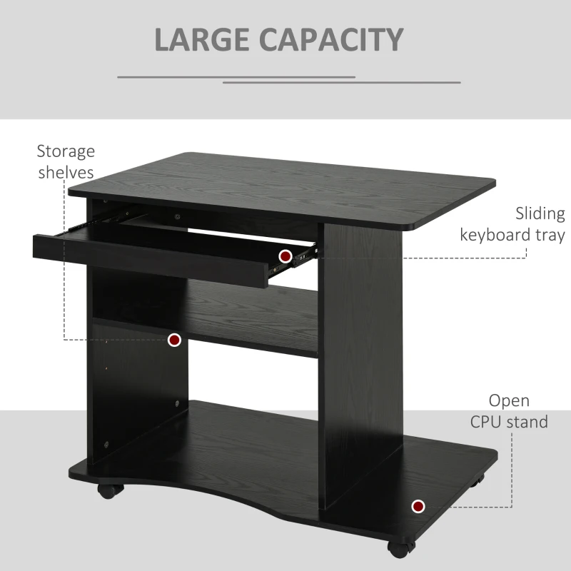 HOMCOM Computer Desk Cart, Mobile Small Office Workstation with Slide-Out Keyboard Tray, Adjustable Shelf, & CPU Stand, Black