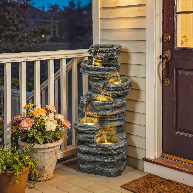Outsunny 40" Tall Outdoor Waterfall Fountain with LED Lights, 6-Tier Cascading Waterfall Feature, Resin Garden Fountain, Gray