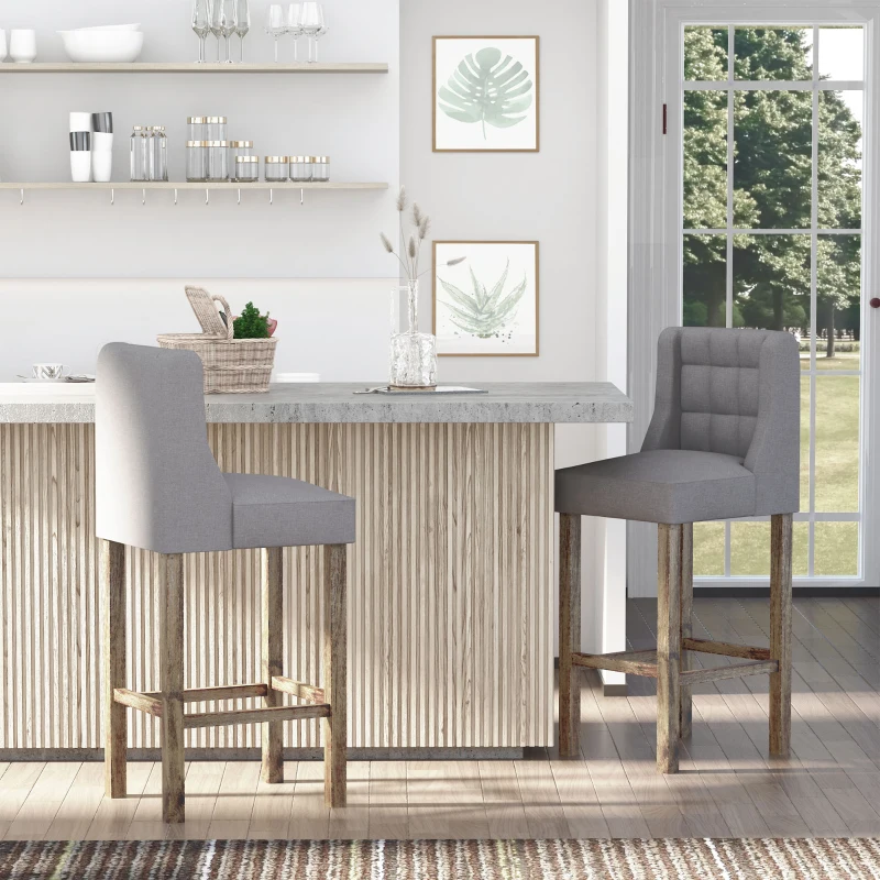 HOMCOM Modern Bar Stools, Tufted Upholstered Barstools, Pub Chairs with Back, Rubber Wood Legs for Kitchen, Dinning Room, Set of 2, Grey