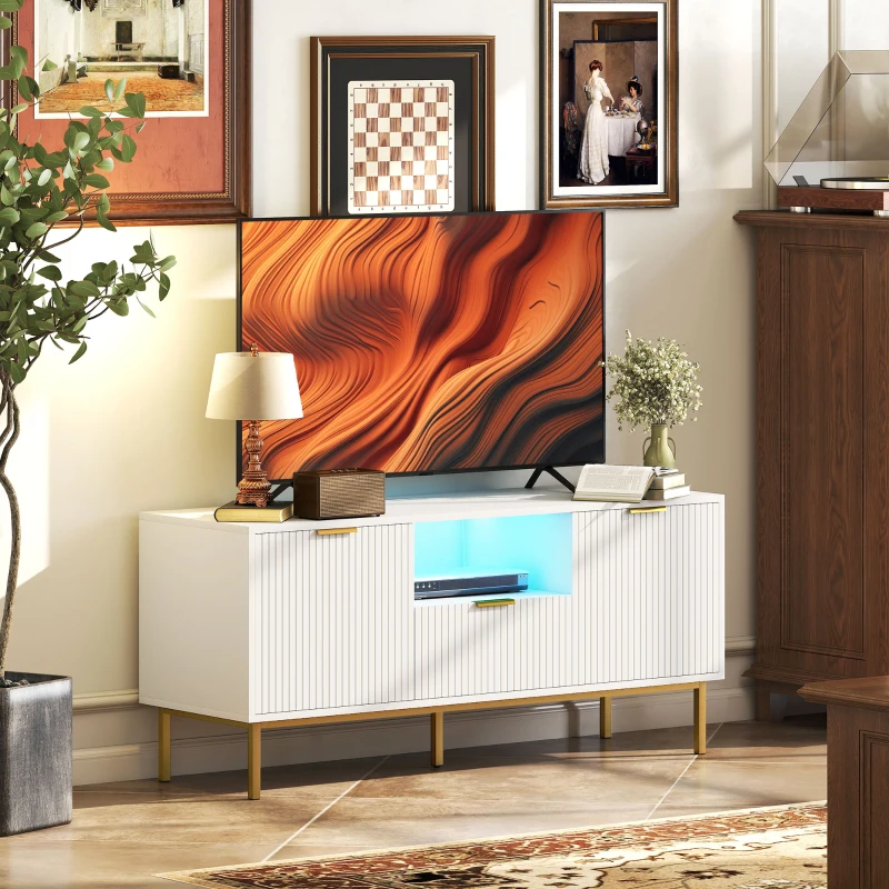 HOMCOM Modern TV Console for TVs up to 50 Inch, Entertainment Center with Smart RGB LED Lights and Soft Close Doors, White
