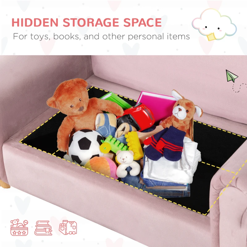 Qaba Ergonomic Foam Kids Sofa with Inner Toy Storage Chest, Velvet Kids Couch with Soft Arms, Children's Lounge Furniture, Pink